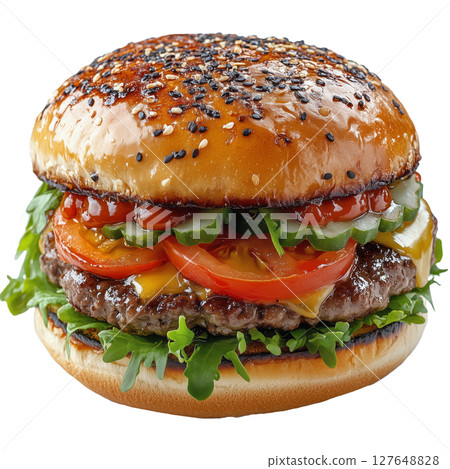 Juicy Burger With Fresh Toppings Served on a Sesame Seed Bun at a Casual Dining Spot 127648828