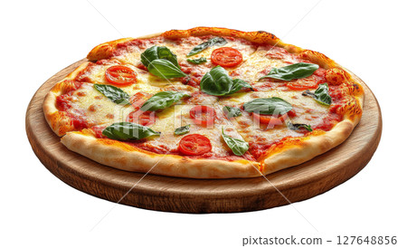 Freshly baked margherita pizza topped with basil and tomatoes on a wooden serving board 127648856