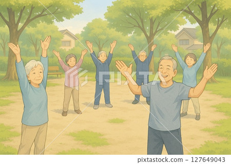 Elderly people doing morning exercises in a Japanese park 127649043