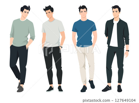 Men s Style and Fashion Trends. A collection of illustrated men wearing stylish outfits in various tones and styles, reflecting modern fashion trends. 127649104
