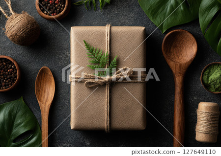 Eco friendly gift box with leaf and jute rope on dark background 127649110