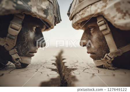 Soldiers standing face to face on cracked dry ground 127649122