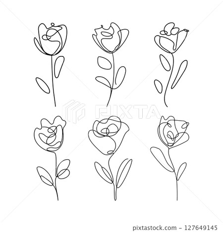 Outlined Rose Bloom. Fine rose line art with delicate stem curves and elegant botanical contours, ideal for romantic illustrations and minimal floral art. Outlined Rose Bloom. Fine rose line art with delicate stem curves and elegant botanical contours, ideal for romantic illustrations and minimal floral art. 127649145