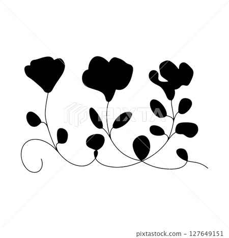 Floral Vine Silhouette Composition. A silhouetted arrangement of flowers on a curved decorative branch is a sophisticated and modern style for decor. Floral Vine Silhouette Composition. A silhouetted arrangement of flowers on a curved decorative branch is a sophisticated and modern style for decor. 127649151