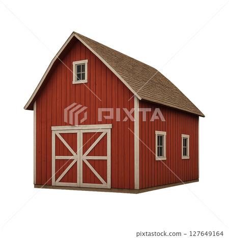 Red Barn With White Accents and Triangular Roof in Rural Setting 127649164