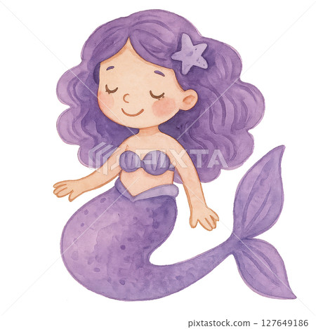 Cute Purple-Haired Mermaid Swimming Happily in an Underwater World 127649186