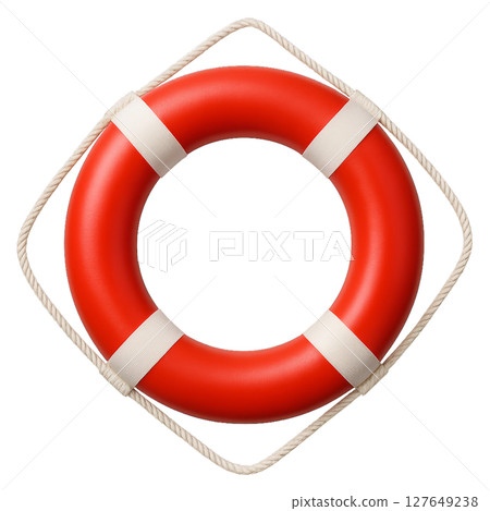 Bright Red Life Preserver Floating on White Background for Safety and Rescue Bright Red Life Preserver Floating on White Background for Safety and Rescue 127649238