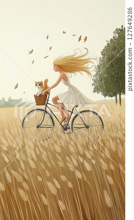 Joyful girl riding bicycle with dog in a wheat field during bright sunny day 127649286