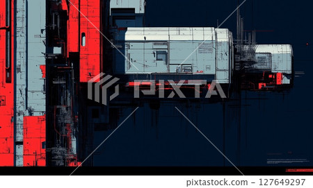 Abstract artwork depicting a futuristic structure with bold red and gray elements 127649297