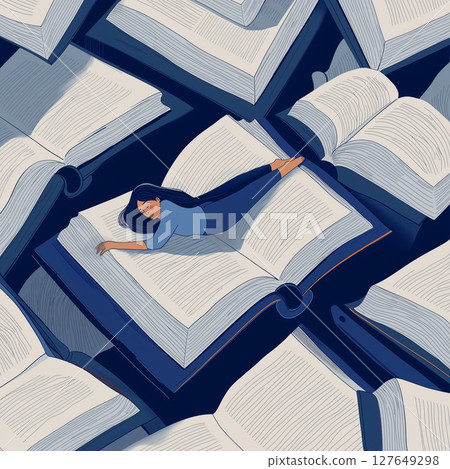 Exploring the world of imagination while surrounded by open books in an artistic illustration 127649298