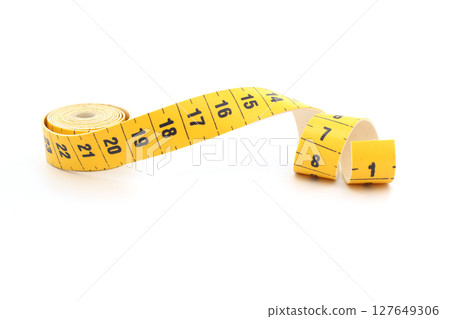 Yellow Measuring tape for tool roulette or ruler. Tape measure template in centimeters 127649306