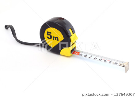 Yellow tape measure on white with clipping path . 5 meter 127649307