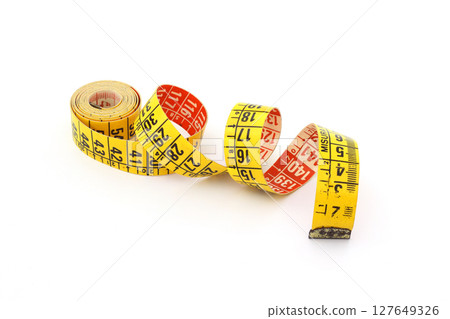 Yellow Measuring tape for tool roulette or ruler. Tape measure template in centimeters Yellow Measuring tape for tool roulette or ruler. Tape measure template in centimeters 127649326