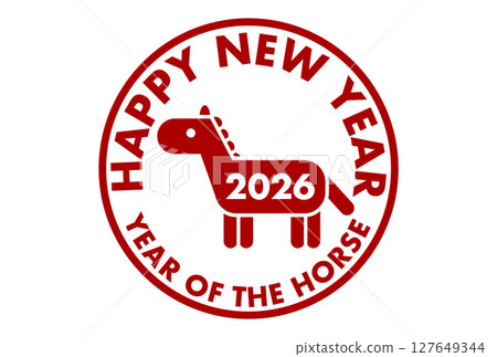 2026年新年賀卡插圖:馬和紅線圓形標誌 2026年新年賀卡插圖:馬和紅線圓形標誌 127649344