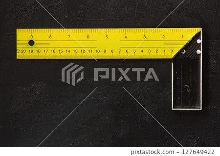 Yellow Measuring tape for tool roulette or ruler. Tape measure template in centimeters. 127649422