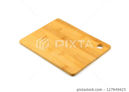 Wood cutting board for homemade bread cooking isolated on white background. Empty wooden tray at white 127649425