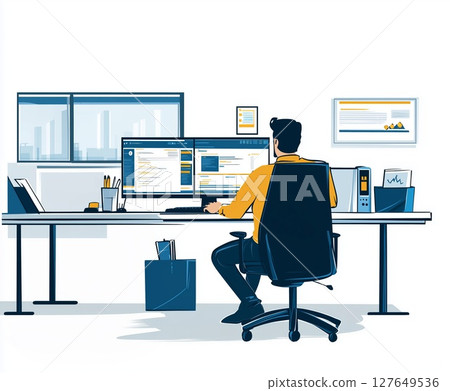 Professional man working at a desk with multiple computer screens in a modern office environment 127649536