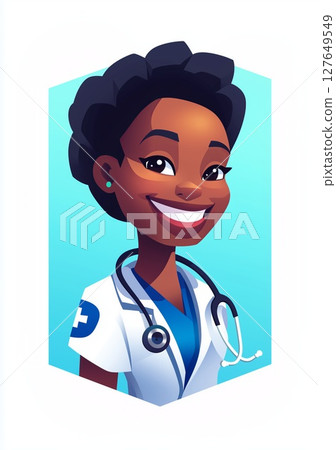 Smiling female healthcare worker shows compassion and professionalism in a cheerful setting 127649549