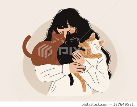 Woman holds three cats, showing love in a cozy indoor setting during daytime 127649551