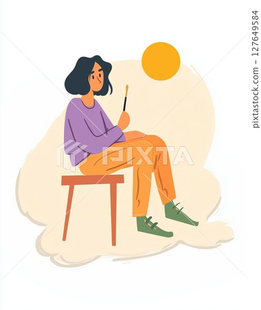 Artist creates a vibrant painting while sitting in a cozy workspace in daytime 127649584