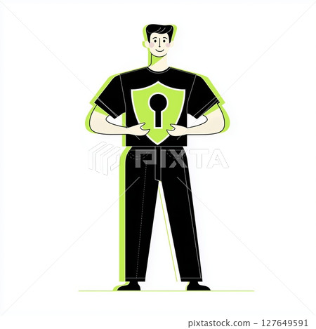 Character promoting digital safety through a shield symbol in a modern illustration 127649591