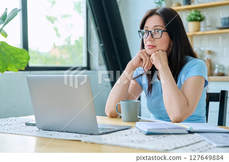 Young serious woman working with laptop sitting at table at home Young serious woman working with laptop sitting at table at home 127649884