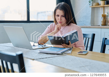 Middle-aged serious woman working at computer laptop in home office Middle-aged serious woman working at computer laptop in home office 127649955