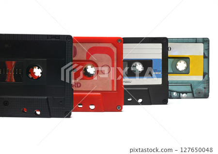 Retro audio cassette tape from the 80s and 90s on a white background. 127650048