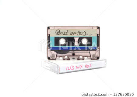 Retro audio cassette tape from the 80s and 90s on a white background. Retro audio cassette tape from the 80s and 90s on a white background. 127650050