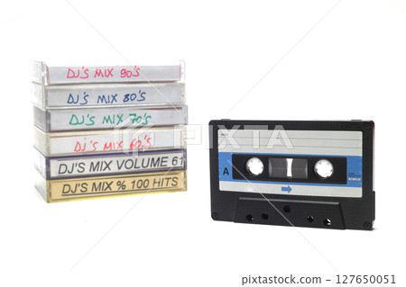Retro audio cassette tape from the 80s and 90s on a white background. Retro audio cassette tape from the 80s and 90s on a white background. 127650051