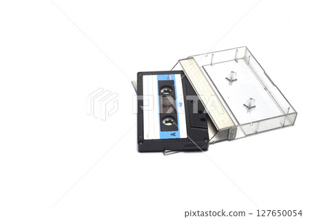 Retro audio cassette tape from the 80s and 90s on a white background. 127650054