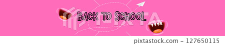 Back To School wide banner design template with funny smiling monster mouth and flying paper plane. pink welcome back to school wide background, poster, flyer, cover and sticker 127650115