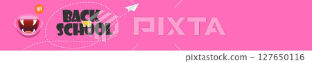 Back To School wide banner design template with funny smiling monster mouth and flying paper plane. pink welcome back to school wide background, poster, flyer, cover and sticker 127650116