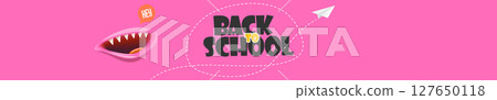 Back to School Cartoon Banner Vector Adorable Pink Monster Character with Open Mouth and Paper Plane, Ideal for Educational Promotions and Kids Events 127650118