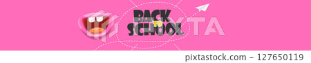 Back to School Cartoon Banner Vector Adorable Pink Monster Character with Open Mouth and Paper Plane, Ideal for Educational Promotions and Kids Events 127650119