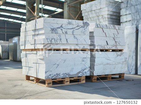 Rows of polished white marble slabs are neatly stacked on wooden pallets within a spacious warehouse environment, ready for various uses 127650132