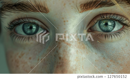 A striking close-up showcases a woman's mesmerizing blue eyes, complemented by freckles and soft, natural skin tones, exuding allure and charm Generative AI 127650152