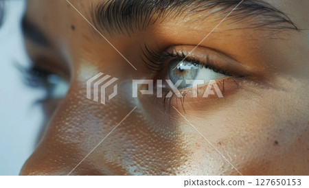 A stunning close-up reveals a woman's enchanting blue eyes and radiant skin illuminated by soft, natural light, highlighting her beauty Generative AI 127650153