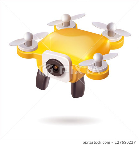 A yellow drone equipped with a camera is currently flying high in the air in the style of 3D realism, cartoon design, 3D plastic with glossy highlights 127650227