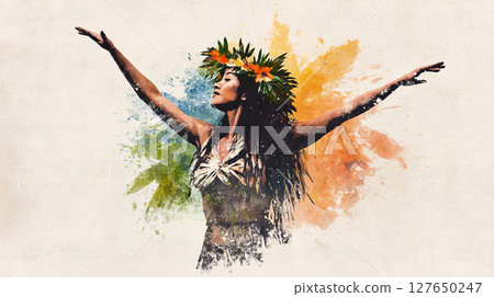 Celebrating Hawaiian culture, the dancer performs gracefully, adorned with a beautiful flower crown and traditional attire, under colorful splashes 127650247