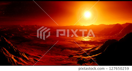 A vibrant sunset bathes the Martian landscape in orange hues, revealing mountains and a vast, red terrain under a starry sky 127650259