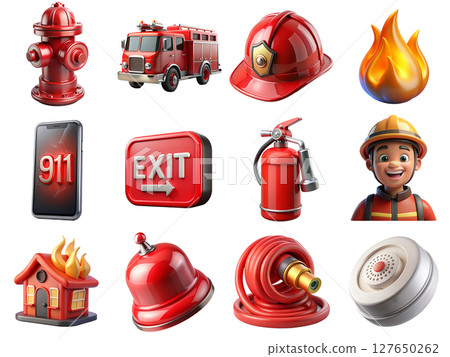 Firefighting equipment and fire safety 3d icons, extinguisher, hose, and alarm set 127650262