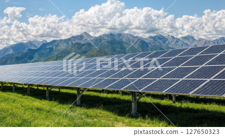 Photovoltaic solar panels outdoors under sunlight. 127650323