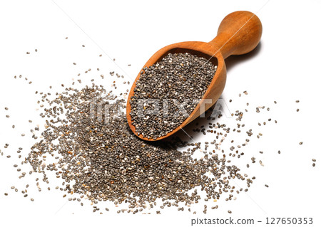 Chia seeds in wooden spoon. Healthy superfood rich in Omega 3 fatty acids. Chia seeds in wooden spoon. Healthy superfood rich in Omega 3 fatty acids. 127650353