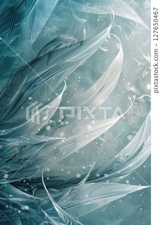 Delicate Abstract Winter Background with Snowflakes and Ice Patterns in Silver and Blue Tones 127650467