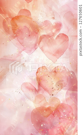 Romantic Valentine's Day Background with Watercolor Hearts, Golden Sparkles, and Dreamy Bokeh 127650601