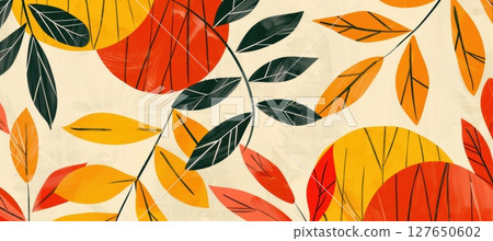 Abstract Autumn Background with Geometric Leaf Patterns in Bold Vibrant Shades for Seasonal Designs 127650602