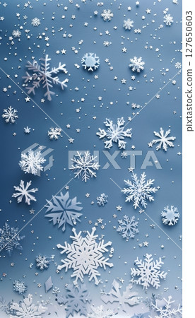Minimalist Abstract Winter Background with Geometric Snowflakes in Frosted Silver and Blue Gradient 127650603
