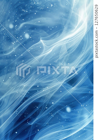 Abstract Winter Wind Patterns in Icy Blue: Flowing Lines and Snowflakes for Holiday Print Design 127650629