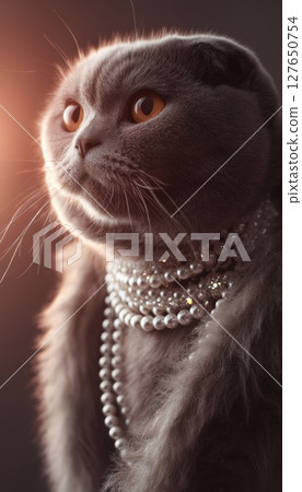 Scottish Fold Cat in Elegant Eveningwear with Pearls and Soft Lighting 127650754